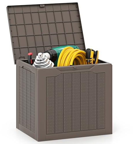 COSTWAY Coffre de Rangement Extérieure 96 L, Boîte de Rangement avec Couvercle Verrouillable et Texture en Rotin Tressé, Conteneur de Terrasse Résistant aux Intempéries pour Porche Jardin (Brun)