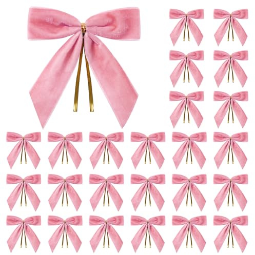 Celblisora 24 lazos de Navidad pequeños de terciopelo rosa para árbol de Navidad, corona, envoltura de regalos, manualidades, bodas, fiestas, lazos de corbata para bolsas de golosinas, bolsas de