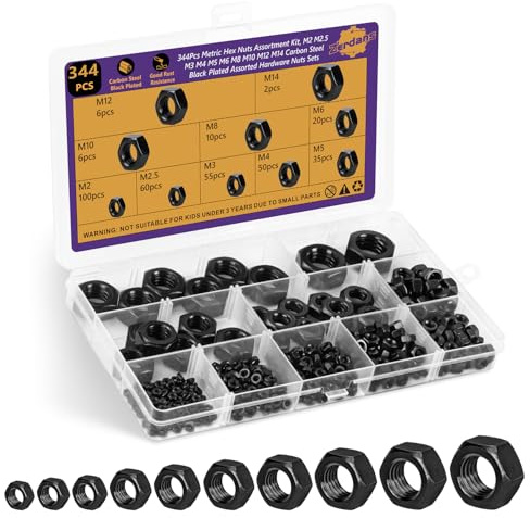 Zerdans 344PCS Metric Hex Nuts Assortment Kit, Carbon Steel Black Zinc Plated Nut Set M2 M2.5 M3 M4 M5 M6 M8 M10 M12 M14,High Strength Fasteners for Automotive & Household,Includes Rare M14 Large Size