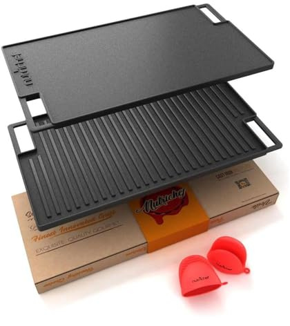 Nutrichef Plaque à Griller Réversible en Fonte - Plancha pour Induction, Gaz, Électrique - Plaque Lisse et Gril Antiadhésive | Poêle Gril pour Barbecue, Teppanyaki, Cuisson Intérieure & Extérieure