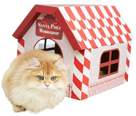 Cat Scratcher - Utomhus Cat House - Djurhus med Scratcher, löstagbart och | hopfällbart, multifönster, jultema för att och