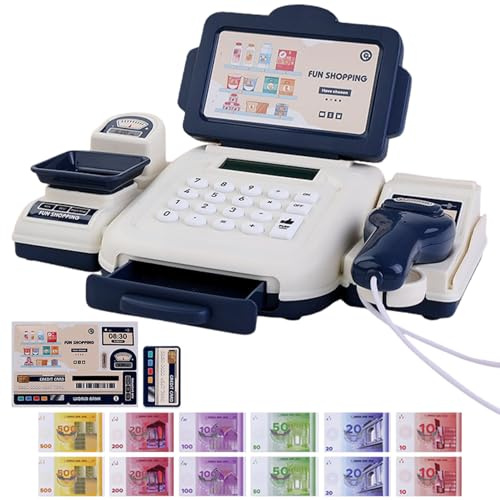 Tsawntd Toy Till Cash Register with Scanner, Calculator Function Cash Register for Kids with Money Credit Card, Educational Shopping Till Role Play Toys, Blue Play Toy