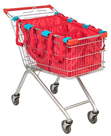 Handy Sandy Cart Caddy – 3-Pack Reusable Shopping Bags with Cart Clips | Heavy-Duty Grocery Organizer Tote Set | Eco-Friendly, Foldable, 40 lb Capacity | Red