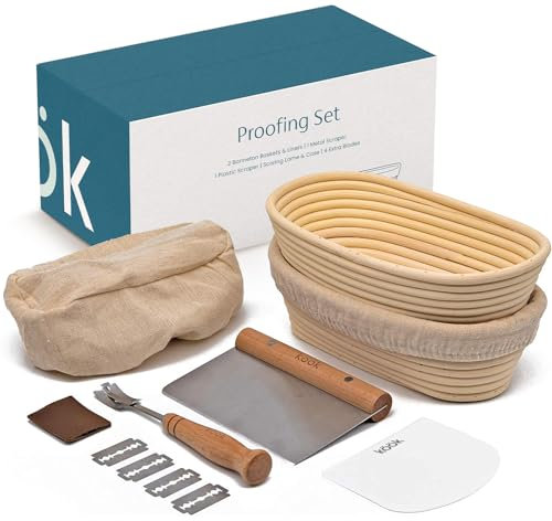 Kook Banneton Bread Proofing Set, Artisan Sourdough Bread Making Kit, 9.8 Inch Rattan Baskets and Liners, Metal & Plastic, Scrapers, Scoring Lame & Case, 4 Extra Blades, Set of 2, Oval