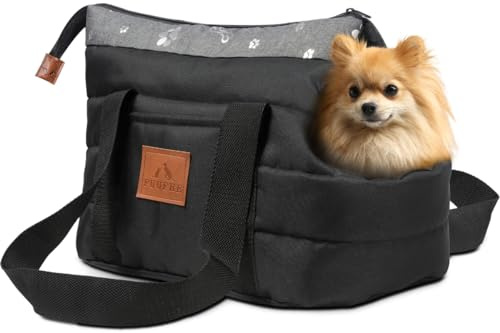 FUUFEE Hundväska | axeltransporter | avtagbar madrass | Lämplig för hund eller katt | 35 x 25 x 20 cm (svart-silver)