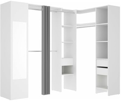 Vente-unique - Guardaroba angolare con Tenda e 1 Anta con Specchio L231 cm Bianco e Grigio - Bertrand