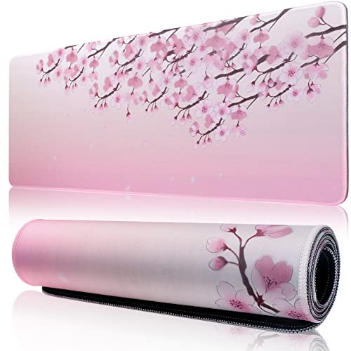 600x300 Large Gaming Mouse Pad Mat with Stitched Edge Non-Slip Rubber Base Washable Resilient for Office Computers Laptop Desk Table Mouse Pads Mats Accessory (Pink Flowers) (L)