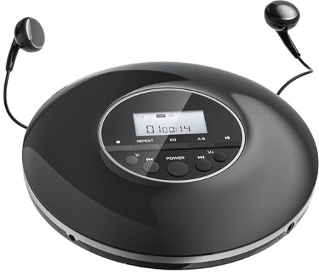 Gueray Reproductor de CD Portátil para Coche Reproductor CD con Auriculares y Soporte de Pantalla Protección Anti-Skip Repetición de reproducción Función de Bloqueo y Memoria para Audio Libros Niños