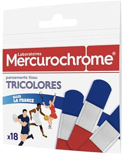 MERCUROCHROME - Pansements tissu tricolores Bleu Blanc Rouge - 18 unités - Protège les petites blessures du quotidien - Kit du supporter pour toute la famille - Sachet refermable