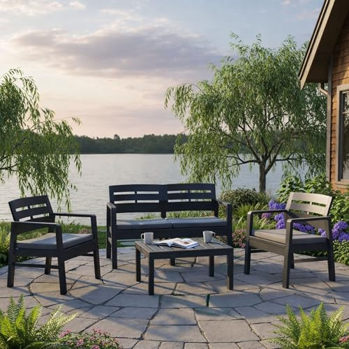 Dmora Set Salotto da Esterno Massa, Composizione da Giardino con 2 poltrone, 1 Divano ed 1 tavolino, Salottino Indoor e Outdoor con Cuscini, 100% Made in Italy, Antracite