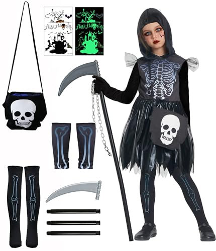 IKALI Girls Grim Reaper Costume, 6 Pcs Skeleton Death Dress Up Outfit Costumes for Kids Girl Halloween Party 3-4T
