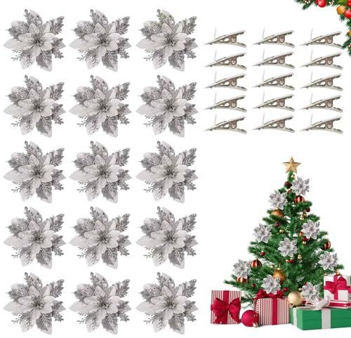 FainFun Fleurs de Poinsettia de Paillettes de Noël, 15 Pièces 14 * 14CM Fleur Poinsettia Deco de Noel Rouge Or Argent, Simulation pour Sapin, pour la Décoration de Noël, Mariage, Fête (15, Argent)