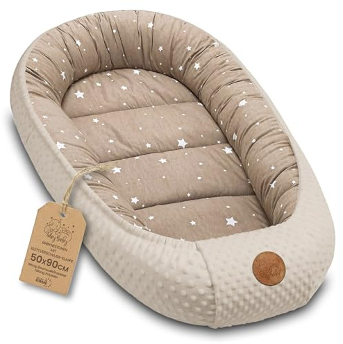 Nestchen Baby - Babynestchen Neugeborene Minky Babynest für Kinderbett Vielseitiges tragbar Nest kuschelnest zubehör für babybett warm Winter coccon Beige mit Weiß Sternen