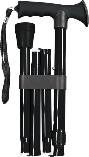 Faltbarer Verstellbarer Gehstock mit ergonomischem Gummigriff, 5 Höheneinstellungen, leichtes Aluminium, Handschlaufe, rutschfeste Spitze, kompakt für Reisen, unterstützt bis zu 100 kg, Schwarz