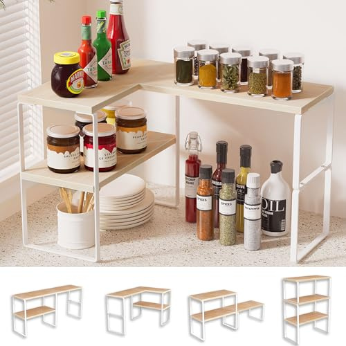 Golener Countertop Organizer Corner Shelf, 2-Tier Adjustable Stackable Corner Shelves for Kitchen, Spice Rack, Coffee Bar, Over Sink, Bathroom, Dresser Table, Corner Counter Shelf Stand, Natural Beige
