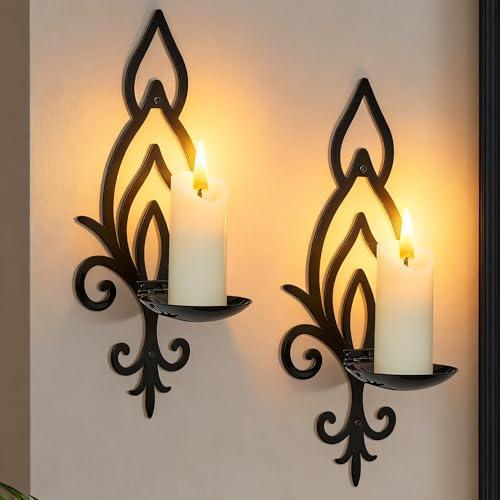 ZYIDBNG Wall Candle Sconces Set of 2, Vintage Flower-Shaped Metal Candle Holders for Pillar, Tealight, and LED Candles, Rustic Decorative Wall Decor for Living Room Dining Room (Black)
