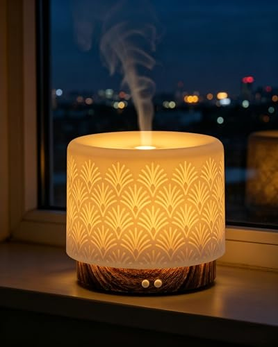 Onaboviva Buba Diffuseur d'arômes - Diffuseur ultrasonique avec humidificateur d'air en céramique et bambou, lumière de bien-être, minuterie, arrêt automatique, sans BPA, construction silencieuse < 25