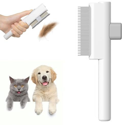 Marchul Peine de pulgas para mascotas autolimpiable, cepillo de aseo de acero inoxidable de doble cara con botón de liberación para gatos y perros, todo tipo de pelo