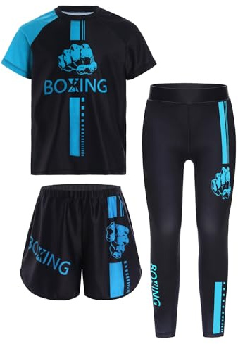 CHICTRY Kinder Jungen Boxen Set Kurzarm Kickboxen T-shirt + Lang Trainingshose + Boxing Shorts Kampfsporttraining Anzug Wushu Kleidung Hellblau 134-140