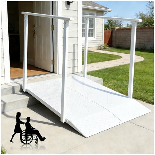 45 Wheelchair Ramp with Handrails for 5-7 Rise, Non-Slip Iron Handicap Ramps for Steps, Threshold Ramp for Home Entry Stairs Curbs, Heavy Duty Ramp 1000 Lbs Capacity (White)