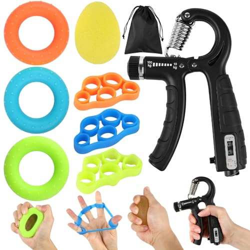 8-delat hand- och underarmstränar-set med smart räknare, justerbar greppstyrketränare, 10–100 kg, fingertränare, handringar och boll
