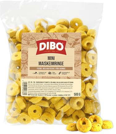 DIBO Mini Anneaux de semences de maïs, Sachet de 500 g, Produits de Boulangerie comme Alimentation Saine et Naturelle pour Chiens, Nourriture pour Chien, Barf, B.A.R.F., friandises, Biscuits pour