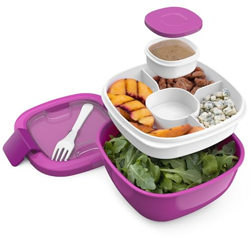 Bentgo Salad Container - 54 oz Bowl with 4-Compartment Toppings Tray, Leak-Proof Dressing Container, Reusable Fork, BPA-Free Lunch Box for Meal Prep & Food Storage; Removable Bento Tray (Purple)