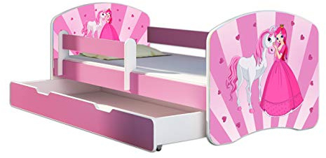 ACMA Letto per bambini 80x180 cm con cassetto, materasso e rete a doghe - letto junior con barriera di sicurezza, motivo 08 La principessa con il pony - Rosa, letto per bambina, portata fino a 120 kg