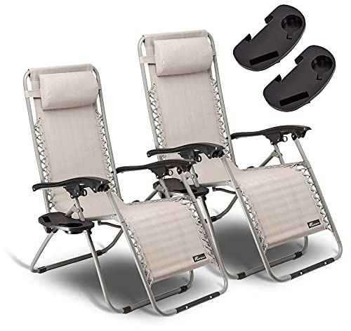 SUNMER Sun Lounger Garden Chairs - Set of 2 Zero Gravity Chairs with Cup & Phone Holder, Adjustable Headrest & Pillow - 30° to 90° Folding Deck Recliner - Professional Outdoor Seating - Grey