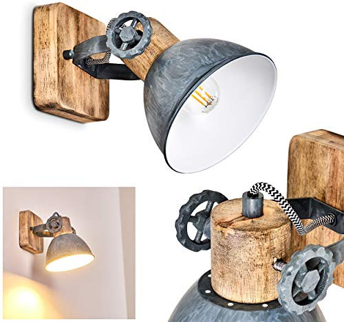 Wandleuchte Orny, Wandspot im Retro/Vintage Design, verstellbare Wandlampe aus Metall/Holz in Grau/Weiß/Braun, 1-flammig, 1 x E27-Fassung, ohne Leuchtmittel