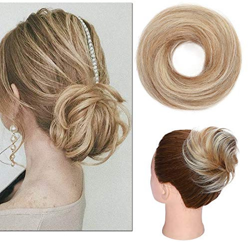 Silk-co Haarteile Echthaar Haargummi Haarteil Haarknoten Glatt Dutt mit Haaren 7A Human Hair Hochsteckfrisuren Weich Natürlich Updo Hair Extensions 17g #12P613 Goldbraun & Bleichblond/Glatt