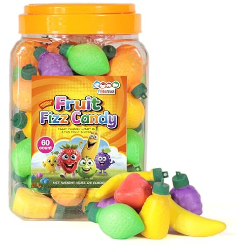 60 Fruit Shaped Fizzy Candy Powder, With Hanging Hole Caps for Decorative Stringing, Great for Hanging on Christmas Trees, Fun and Unique 90’s Retro Candy, Gluten Free & Nut Free, by 4YoreElves