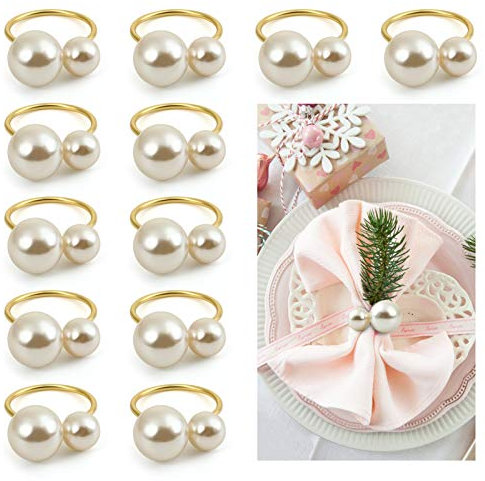 Kesote Napkin Rings Set of 12 Pearl and Gold Napkin Rings for Dinner Table Decorations