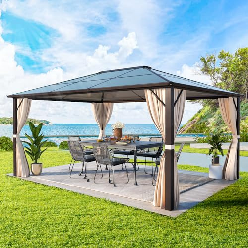YOLENY 10'x12' Hardtop Gazebo, Outdoor Polycarbonate Roof Canopy, Aluminum Frame Permanent Pavilion with Curtains and Netting, Sunshade for Garden, Patio, Lawns