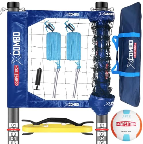 JOLORLY Professional Volleyball Net Set Heavy Duty for Outdoor Backyard Portable with Aluminum Adjustable Height Scoring Poles, Regulation Nets System for Tournament, Grass (Blue)