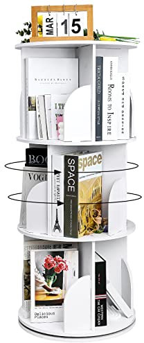 YGYQZ Rotary Bookshelf Home High - Density Bookcase Tall Book Shelf Modern 360° Rotating Storage Display Rack Floor Standing Shelves with Baffle for Bedroom Living Room Study Office White 3 Tier
