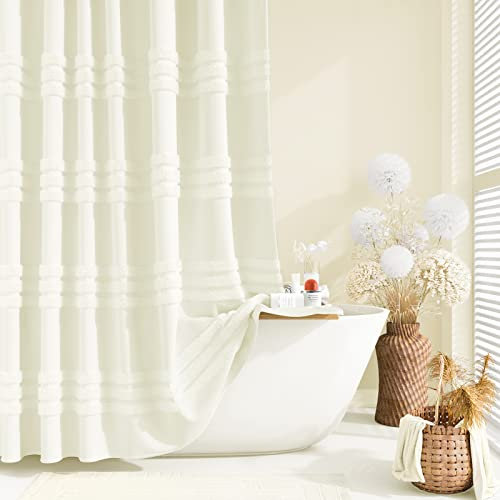 Dynamene Extra Long Shower Curtains, 84 Inches Long Textured Tufted Chenille Striped Fabric Bathroom Shower Curtain, Tall Modern Shabby Chic Cloth Shower Curtain Set with Hooks, Cream, 72x84