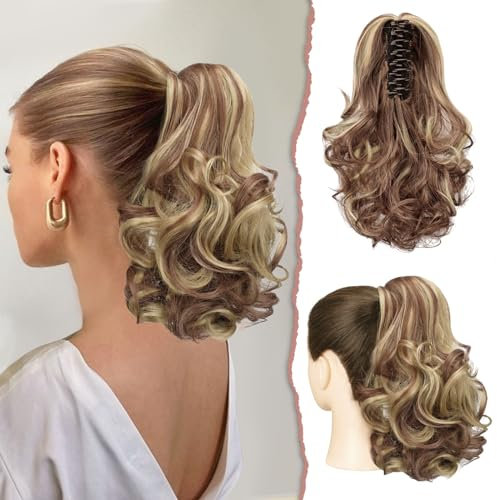 Sofeiyan Pferdeschwanz Verlängerung 28cm Klaue Clip in Pferdeschwanz Haarverlängerungen Kurz Lockig Gewellt Pferdeschwanz Extensions Synthetisches Haarteil für Frauen, Braun & Blond