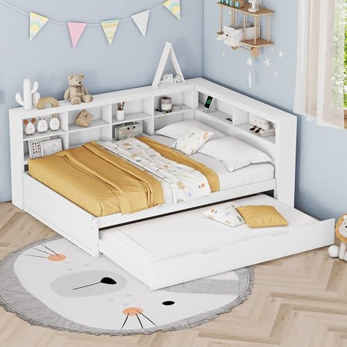 Merax Lit Enfant 140x200 cm, avec Lit Gigogne 90x190 cm, avec Prises USB et Rangement, pour Garcon, Fille, Blanc (sans Matelas)
