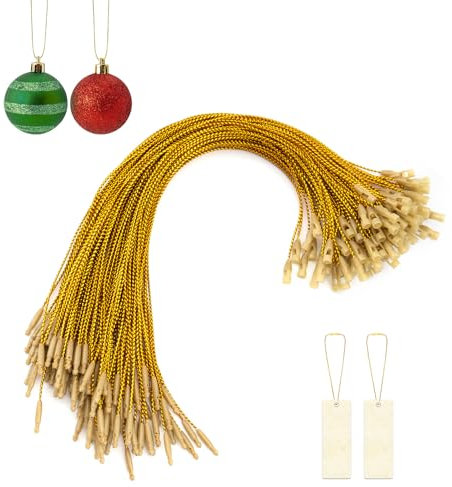 Qiuyan 100 PCS Christmas Tree Ornament Hanger Strings Snap Fastener Tag Cord Precut Ribbon Hook Xmas Ornament Hanging Loop for Christmas Tree Decorations Baubles Gift Tag (Gold)