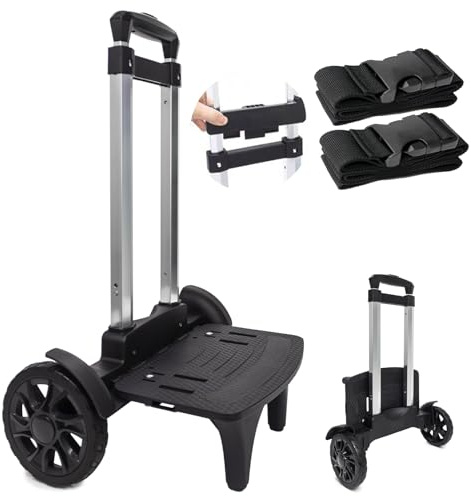 Carro de mochila, carrito con ruedas de aleación de aluminio, carrito de equipaje con 2 ruedas grandes de tanque, carro de mano plegable con correas de equipaje para bolsas, mochila de almuerzo, bolsa
