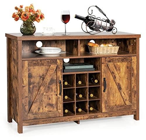 COSTWAY Storage Cabinet, Buffet Sideboard with Detachable 9-Bottle Wine Rack, 2 Doors, Adjustable Shelves, 5 Cable Holes & 5 Legs, Industrial Server Cupboard for Kitchen, Dining Room (Rustic Brown)
