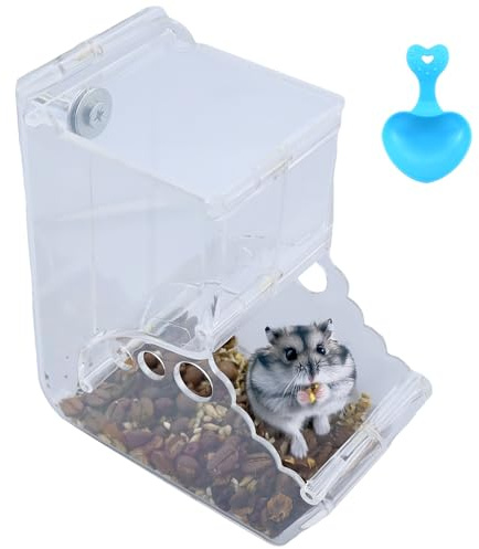 Alimentador automático de hámster, 400 ml, acrílico transparente, alimentador automático de alimentos acrílico, apto para mascotas pequeñas como hámsters, ardillas, cobayas y pájaros, con 1 cuchara