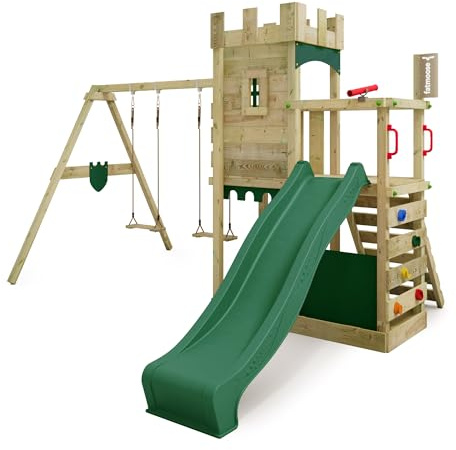 FATMOOSE Spielturm Ritterburg BoldBaron Boost XXL mit Schaukel & grüner Rutsche, Outdoor Kinder Kletterturm mit Sandkasten Leiter & Spiel-Zubehör für den Garten