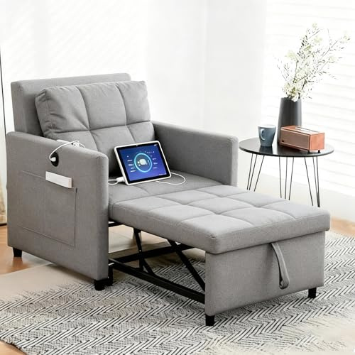 Sofa Bed Chair, 3 in 1 Convertible Sofa Bed Pull Out Single Chair Bed | Sofa Bed with Adjustable Backrest,Side Pockets, USB and Type C Charging Station, for Bedroom Living Room Apartment, Grey