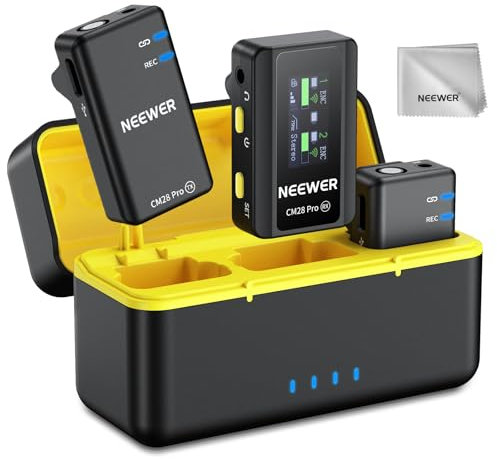 NEEWER CM28 PRO Wireless Lavalier Microphone + Charging Case & Cleaning Cloth, Noise Reduction 9 Hour Recording Mini Lapel Microphone Compatible with iPhone iPad USB C Android Camera PC Laptop