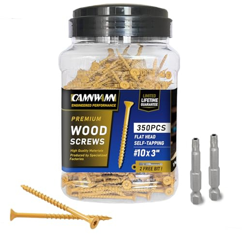 CAMNWAMN Deck Screws #10 x 3, 350 PCS, Wood Screws 3 Inch, Epoxy Coated, Rust Resistant Exterior Screws, Torx Drive Head, T25 Star Bit Included, Tan Outdoor Decking Screw for Wood Fence.