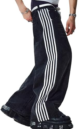 Mens Baggy Jeans Wide Leg, Black Skater Striped Jnco Y2k Denim Pants Oversized Streetwear, Blue Y2k Clothes with Design, Black, Medium