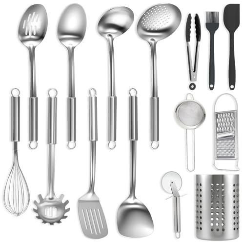BEWOS Kitchen Utensils Set 15 Piece - Stainless Steel Cooking Utensils Set, Utensil Set with Spatula and Storage Bin, Non-Toxic, Dishwasher Safe & Heat Resistant