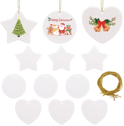 SOFPLATE 12Pcs 3 Styles Blank Ceramic Star Heart Round Ornaments Unfired Porcelain Hanging Decorations Two-Sided Frosted Blanks to Paint DIY with Gold Strings for Crafts Christmas Valentines Wedding